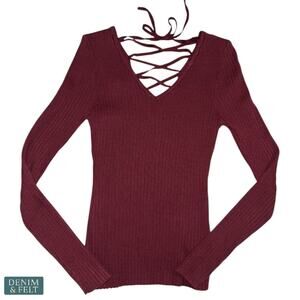 Love Tree Burgundy Lace Up Ribbed Long Sleeve Knit Trendy Fitted Top Small